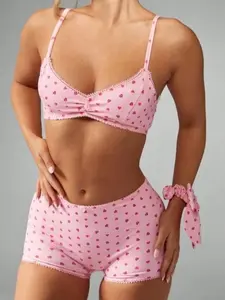 Sweetheart Dreams Set - Pink Heart Pattern Bra & Shorts Set for Women