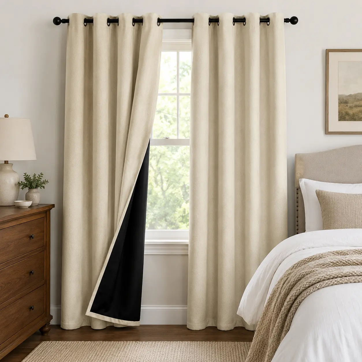 Cream Room Darkening Curtains for Bedroom and Living Room, Jacquard Chenille Grommet Top Window Drapes with Black Backing, Thermal Insulated, Set of 2 Panels52W*84L