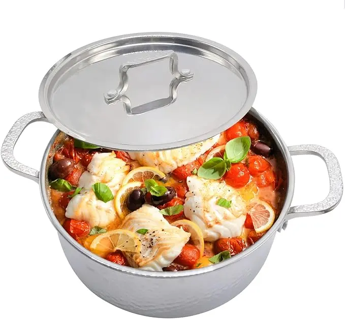3 QT Stainless Steel Deep Stock Pot, Hammered Exterior Cooking Pot, Induction Compatible, Even Heat Distribution, Soup Stew & Pasta Pot