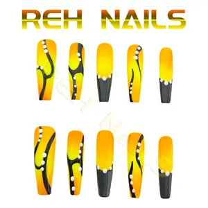 Handmade long nails, orange ocean press on nails