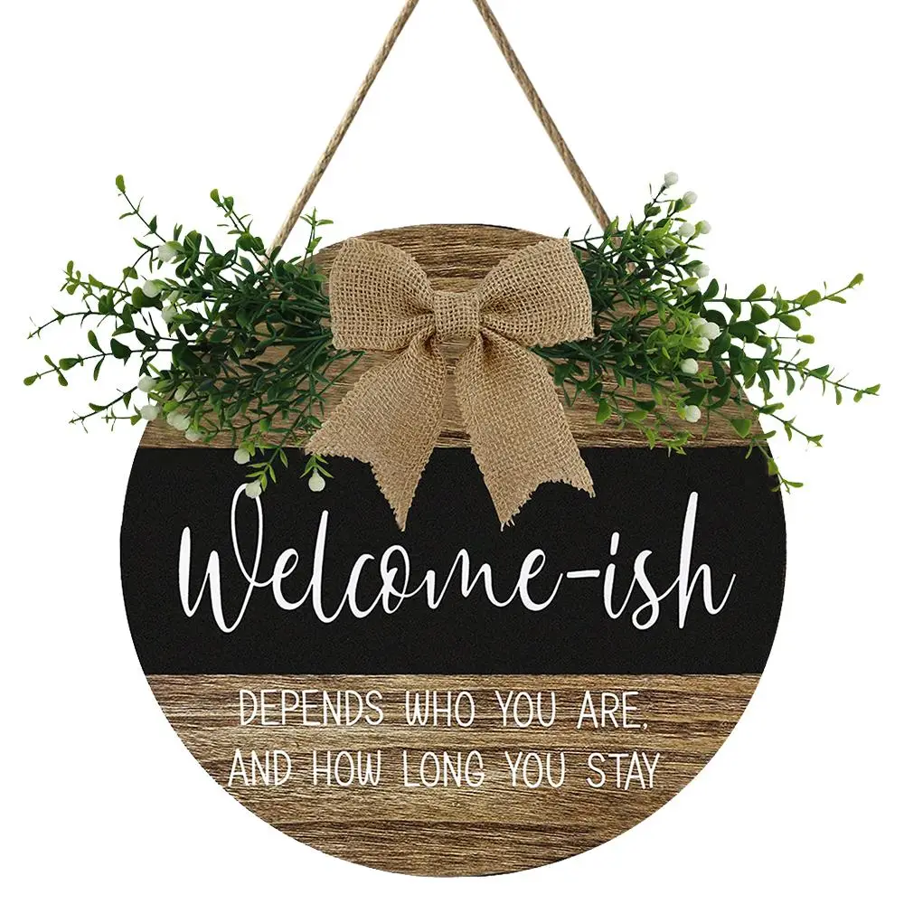 Welcome Wreath Wooden Sign, Round Rustic Wood Farmhouse Porch Decor, Hanging Letter Pattern Plaque for Home Front Door Decor, Halloween