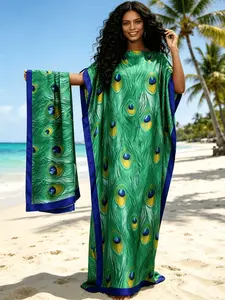 2026 New Women's 2 Piece Green Peacock Feather Print Kaftan Maxi Dress with Matching Scarf, Silky Loose Pleated Robe, Plus Size Friendly, Summer Beach Cover Up, Resort Vacation & Evening Party Wear