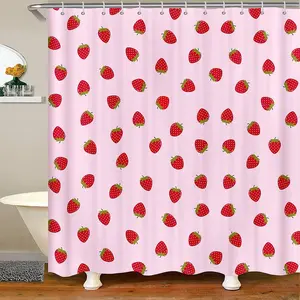 Feelyou Strawberry Pattern Bathroom Shower Curtain - Pink Cute Fruit Print, Striped Design, Waterproof, Polyester Material, 72"Wx84"L, Washable Surface, Stall Curtain