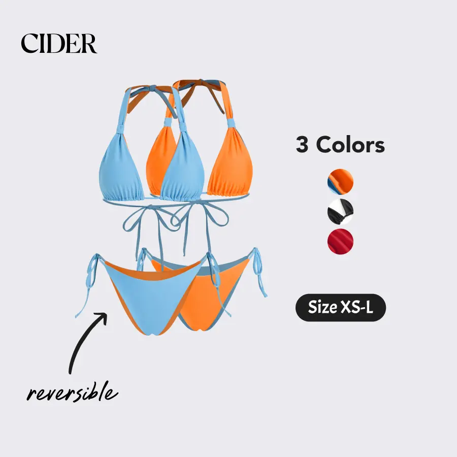 Women's 2-Piece Bikini Set Reversible Sleeveless Halter Neck Bra and Low Waist Briefs Bathing Suit Double sided wearable bikini