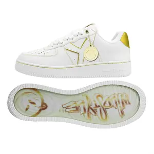 YUMS Wild Style 02 Sneakers White and Gold Leather Casual Streetwear Style Shoes Comfort Footwear Boy Classic with Transparent Sole Art