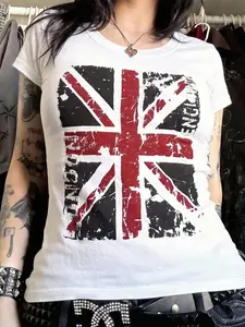 Women's Short Sleeve Round Neck Tee, British Flag Print Design, Y2K Street Style, Comfortable Summer Wear, Casual Fashion Top, Streetwear