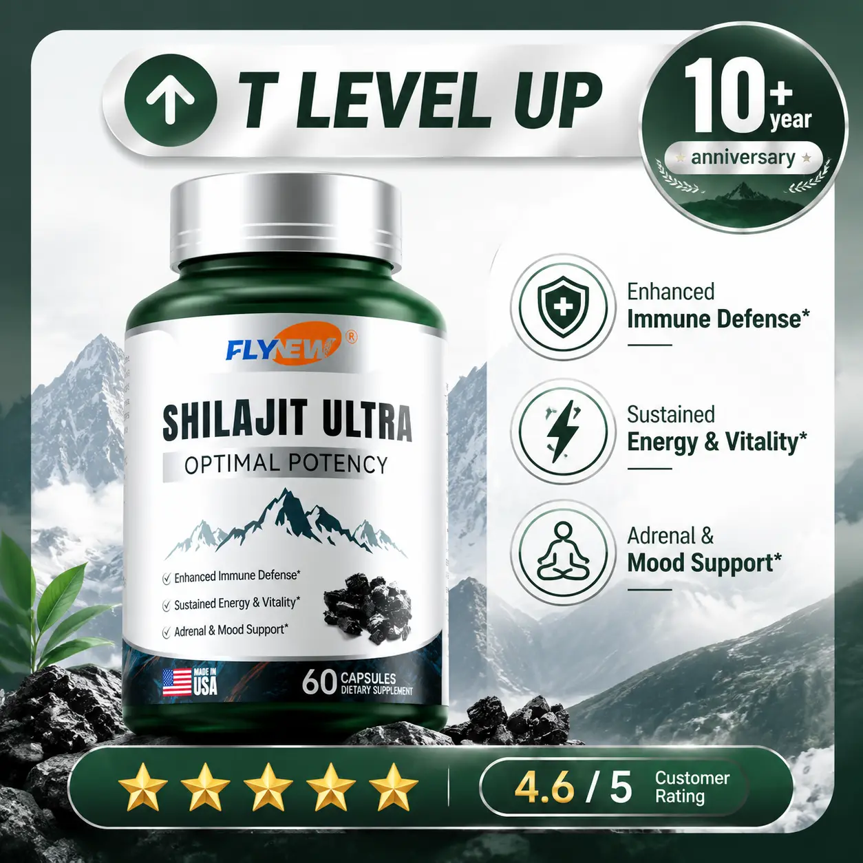 Flynew Optimal Potency Shilajit Ultra 60 Capsules Made in USA with Essential Minerals for Healthy Aging and Immune System Support - Edible, Healthcare