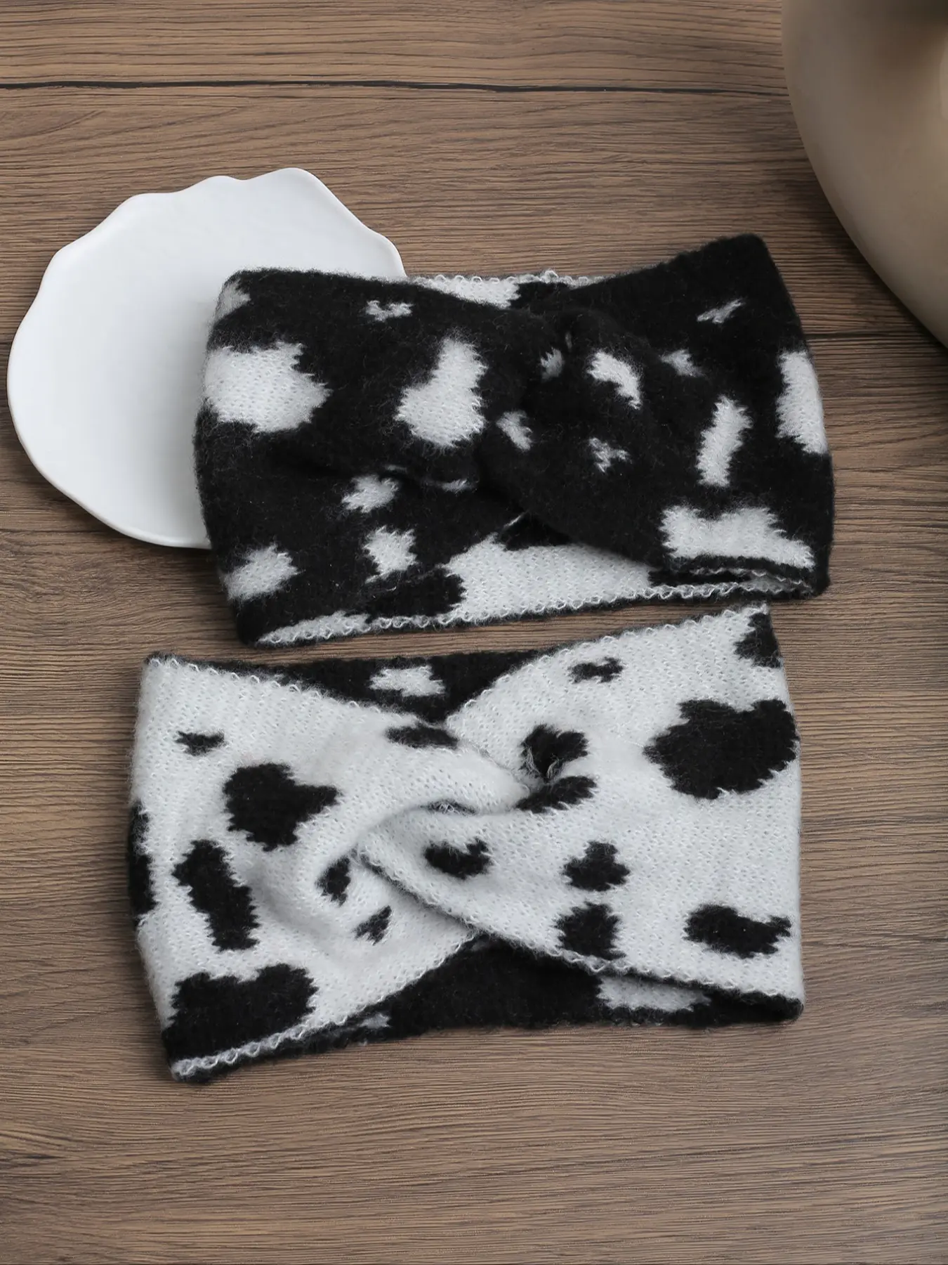 Elegant Cow Pattern Knitted Hairband Set, 2pcs Autumn Winter Fashion Headbands, Warm Crossed Wide Brim Vintage Style Accessories