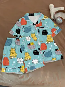 Women's Sleepwear 2-Piece Pajama Set, Casual Comfort Short Sleeve Top & Shorts, Cute Cartoon Cat Pattern, Summer Home Wear Loungewear