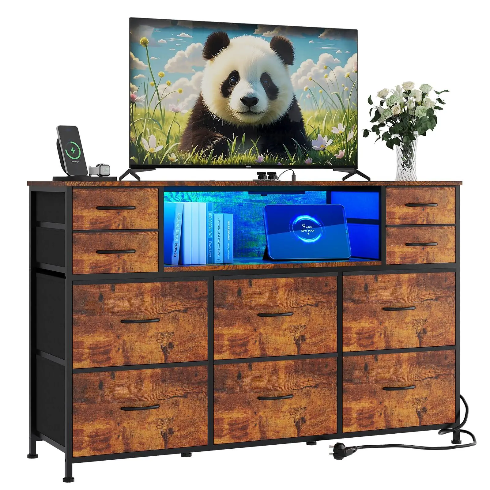 Sturdy 10-Drawer Fabric Dresser with Eco-Friendly Fiberboard Drawers, RGB 256-Color Adjustable Lighting, Power Outlet, TV Stand for 45"-55" TVs, Assembly Required for Hallways, Rgb Led Lights