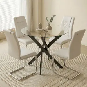 5 Pieces Dining Table Set for 4, 35.5" Round Glass Dining Table with 4 PU Leather Chiars, Modern Kitchen Table for Home Kitchen