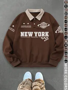 Unisex Y2K Style New York Brooklyn Letter Print Polo Sweatshirt, Thick Vintage British Style Lamb Fleece Hoodie for Streetwear