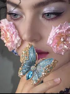 Vintage 18K Gold-Plated Enamel Butterfly Statement Ring - Crystal, Pearl, Blue Stone, Butterfly Ornament Styles with Blue Gem Details, Crystal Rings, Pearl Rings