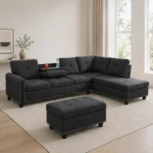 Black Grey Linen 3-Piece Sofa Living Room Sofa Set