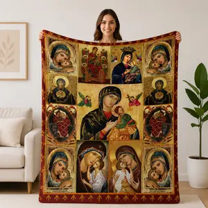 Orthodox Virgin Mary Icon Collage Flannel Throw Blanket Vintage Byzantine Mother Of God Religious Art Blanket Catholic Orthodox Faith Decor Soft Warm Fleece Blanket All Season Sofa Bed Throw Perfect Spiritual Gift