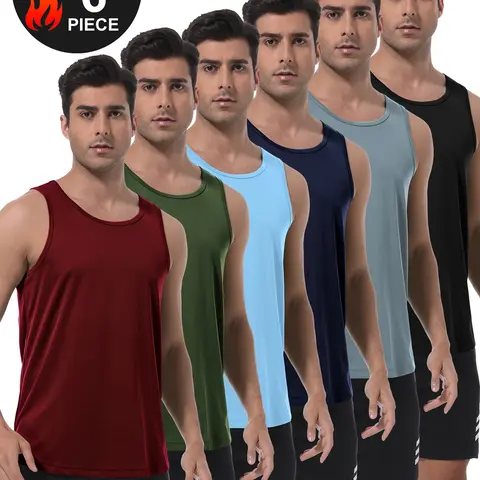 HOPLYNN 6-Pack Men's Sleeveless Sports Tops - Quick-Dry, Sweat-Dry Fast, Breathable Muscle Sportswear Tank Vests, Workout Clothes for Gym, Surfing, Camping and Hiking