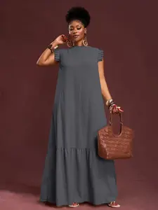 Summer New Patchwork Dress, Japanese Style Loose Waist Long Dress, Round Neck Flared Hem, Pleats, Plus Size Women's Dress