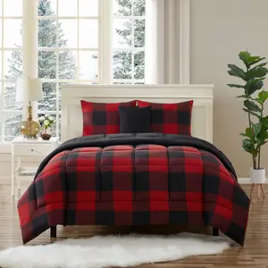 4 Piece Buffalo Plaid Comforter Set - 100% Double Brushed Microfiber, Reversible, Machine Washable, Full/Queen/King Sizes, All-Season, Down Alternative, Hypoallergenic