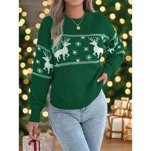 Women's Christmas Reindeer Print Drop Shoulder Sweater?Pullover, Casual Long Sleeve Round Neck Jumper for Fall & Winter, Ladies' Knitwear for Daily Wear