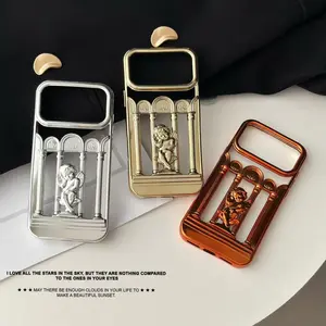 Gold-Plated Cherub Column Phone Case for iPhone 17 Pro Max/16/15/14/13 (Pro/Plus/Max) | Luxury Electroplated Frame, 3D Angel Relief, Shockproof | Vintage Classical Protective Cover #YJLKLMZQBTFROSTED ORANGE