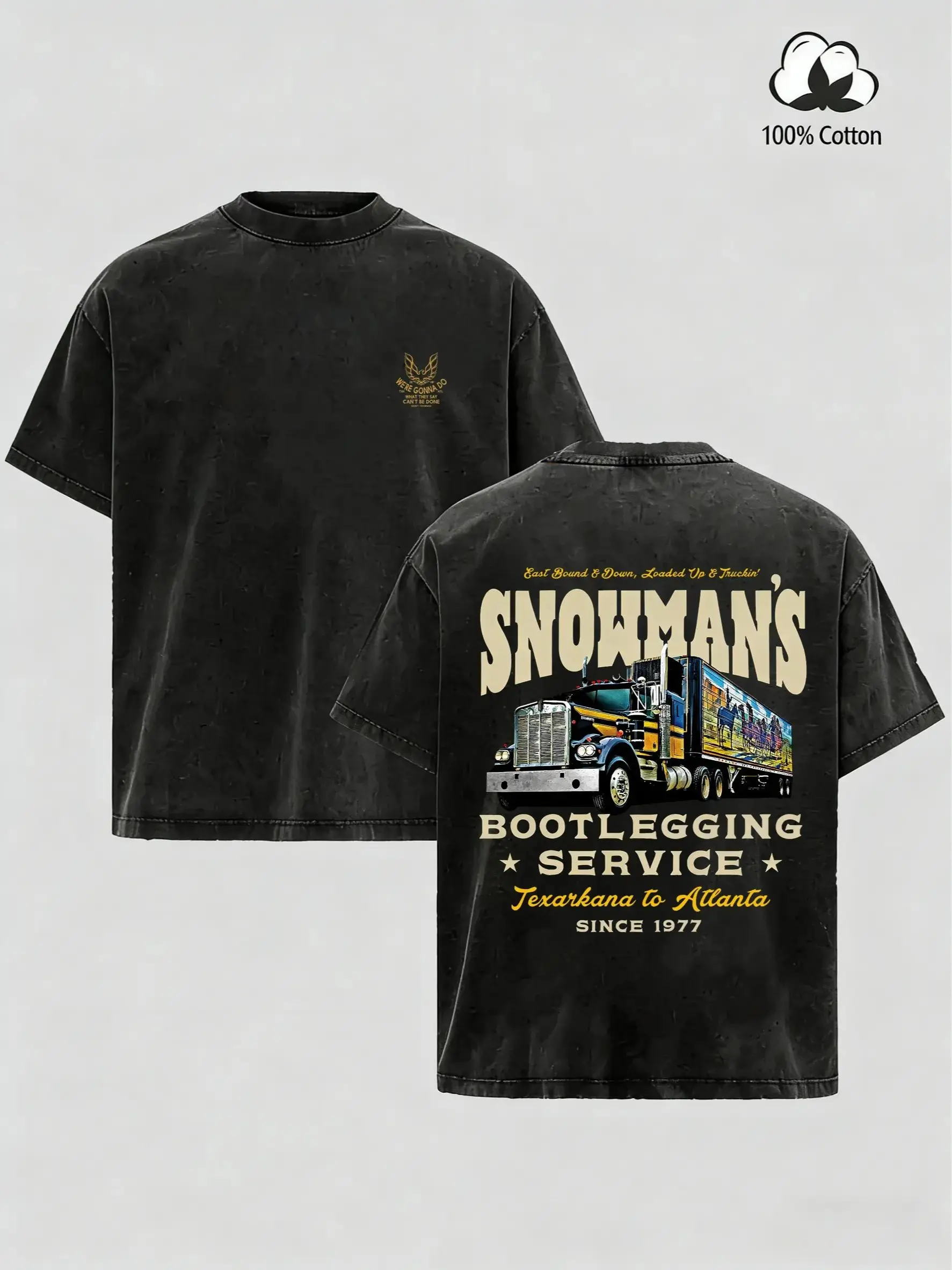 Men's Vintage Washed Snowman Short-Sleeve Cotton T-Shirt - Retro Smokey & The Bandit Graphic, 100% Breathable Drape Streetwear Top, Cult Classic Style, Old School Cool, All Seasons Nostalgic Movie Apparel, Round Neck, Street Style Drip, Unisex Menswear