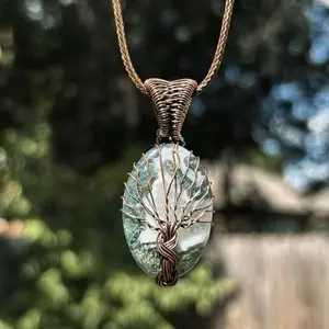 Wire Wrapped Natural Agate & Quartz  - Tree of Life Pendant on Waxed Leather Cord - Handmade Gemstone Necklace