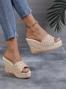 Women's Fashionable Solid Color Floral Pattern Wedge Sandals, Casual Boho Style Slip on Platform Sandals for Summer, Lightweight Breathable Comfortable Shoes for Daily Wear