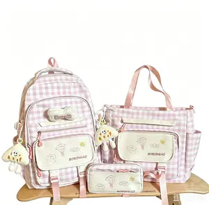 Women's 3PCS Plaid Hot Air Balloon Embroidery Backpack Set - Large, Lightweight, Water-Resistant School Bookbag, Tote Shoulder Bag, Pencil Case for Teen Girls (4 Colors Available)