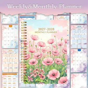 2027-2028 Diary Calendar - 2-year 24-page monthly checklist/calendar, 1 book - January 2027 - December 2028, featuring pink floral elements, soft ink watercolor interior design, 5.5 inches x 8.3 inches, easy to carry
