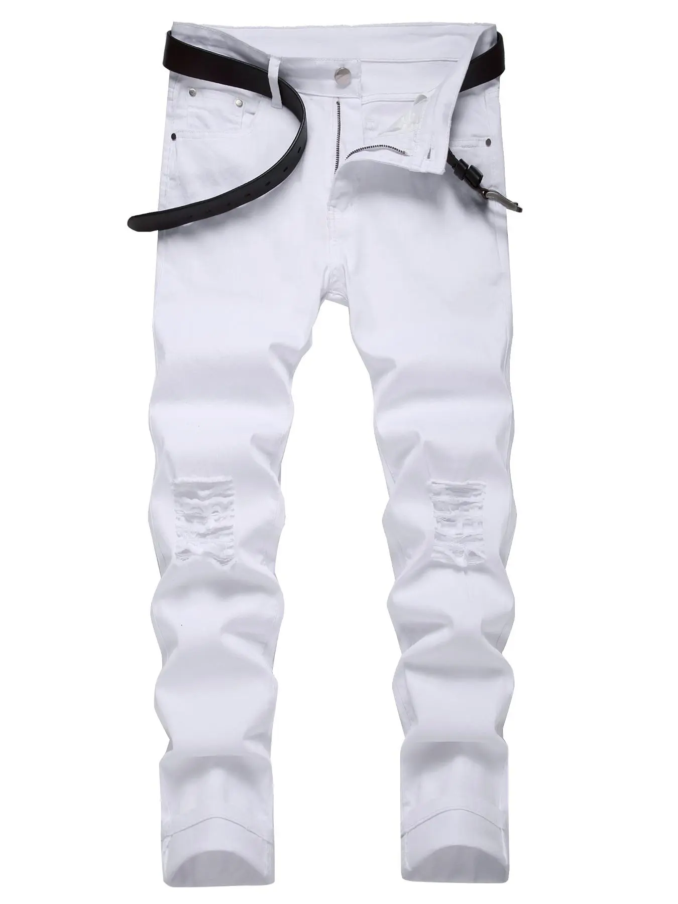 Men's Plain Ripped Zipper Button Fly Skinny Jeans with Pockets, Pants for Men, Streetwear Slim Casual Comfy Denim Pants for Daily Wear, Jeans for Men, Fashion Men's Bottoms for All Seasons, Cotton, Plain Denim Trousers, Stretch