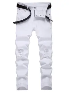 Men's Plain Ripped Zipper Button Fly Skinny Jeans with Pockets, Pants for Men, Streetwear Slim Casual Comfy Denim Pants for Daily Wear, Jeans for Men, Fashion Men's Bottoms for All Seasons, Cotton, Plain Denim Trousers