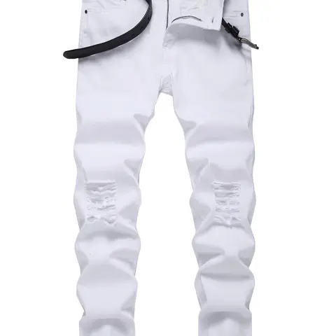 Men's Plain Ripped Slim Fit Zipper Button Fly Skinny Jeans with Pockets, Pants for Men, Streetwear Slim Casual Comfy Denim Pants for Daily Wear, Men's Bottoms for All Seasons, Cotton, Stretch, Denim Clothing, Denim Woven Jeans