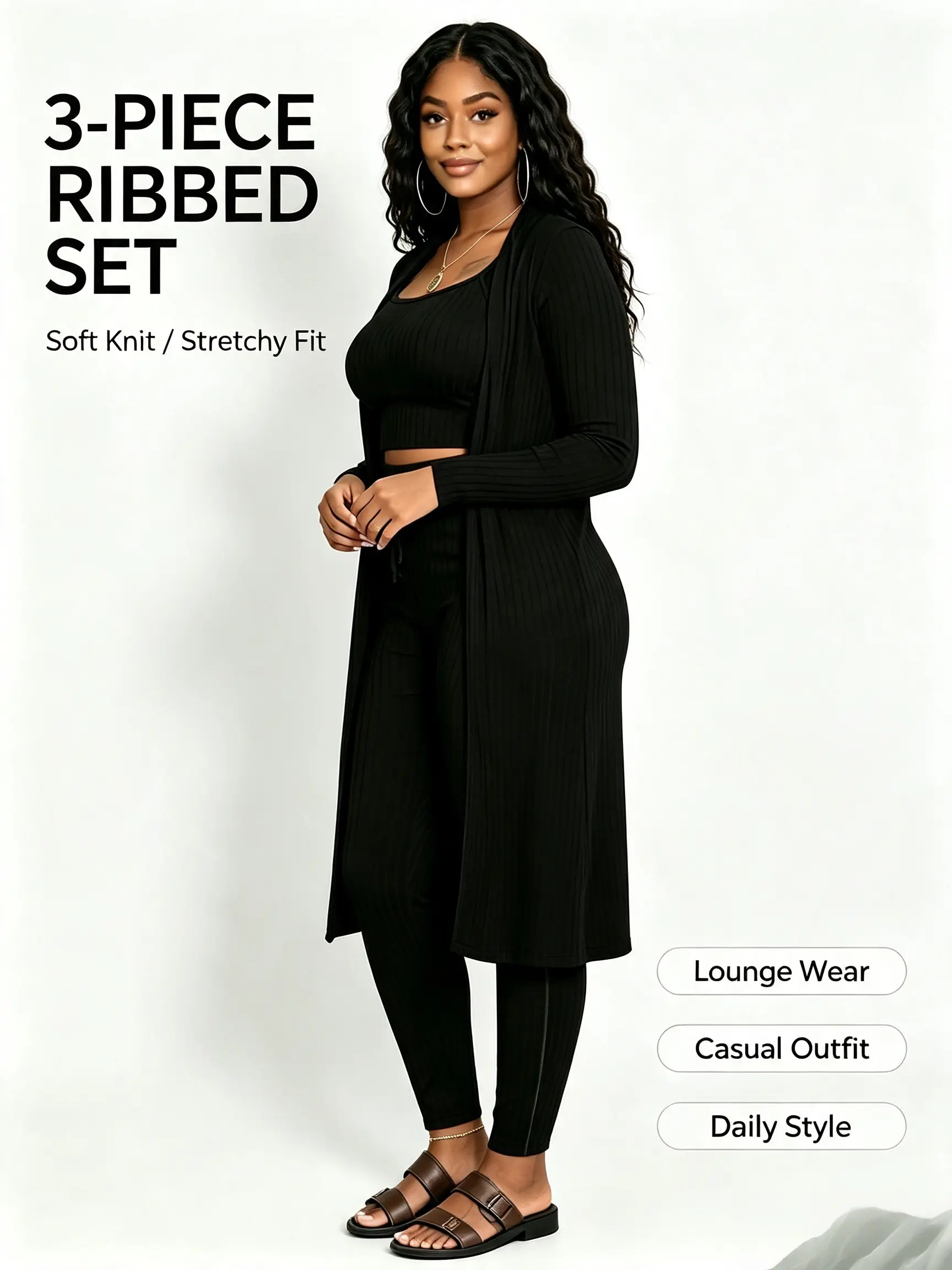 Women's 2-Piece Ribbed Knit Loungewear Set - Soft Square Neck Sleeveless Tank Vest, High-Waisted Fitted Slim Pants, Drawstring Duster, Solid, Sporty Chic, Holiday, Styles to Try, OOTD Ideas, Outfit Goals, Basics, Sleepwear/Pyjamas