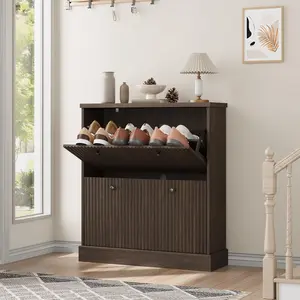 Shoe Cabinet with 2 Flip Drawers, Fluted Narrow Storage Cabinet with Adjustable & Removable Shelves, Modern Freestanding Shoe Organizer for Entryway, Hallway, Small Spaces