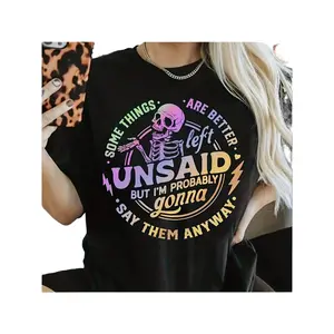 Women's Short Sleeve Streetwear T-Shirt, Casual Skeleton Quote Graphic Top with "Unsaid But I'm Probably Gonna Do Them Anyway" Colorful Lettering, Black, Round Neck, All-Season Comfort Fit, Machine Washable Easy Care Sports Top