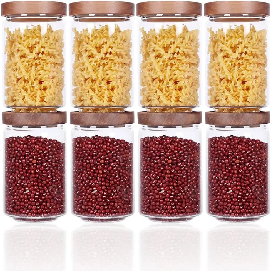 Stackable Kitchen Canisters Set of 8, High Borosilicate Glass Cylinder, Airtight Food Storage Containers for Flour, Candies, Grain & Beans, Kitchen Food Storage Jar Set