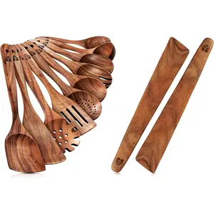 12 Inch Teak  Spatula Set of 2, Wooden Spoons for Cooking Set of 10 - Spatulas for Flipping, Scraping & Turning - Wooden Utensil Set for Nonstick Pans & Cookware