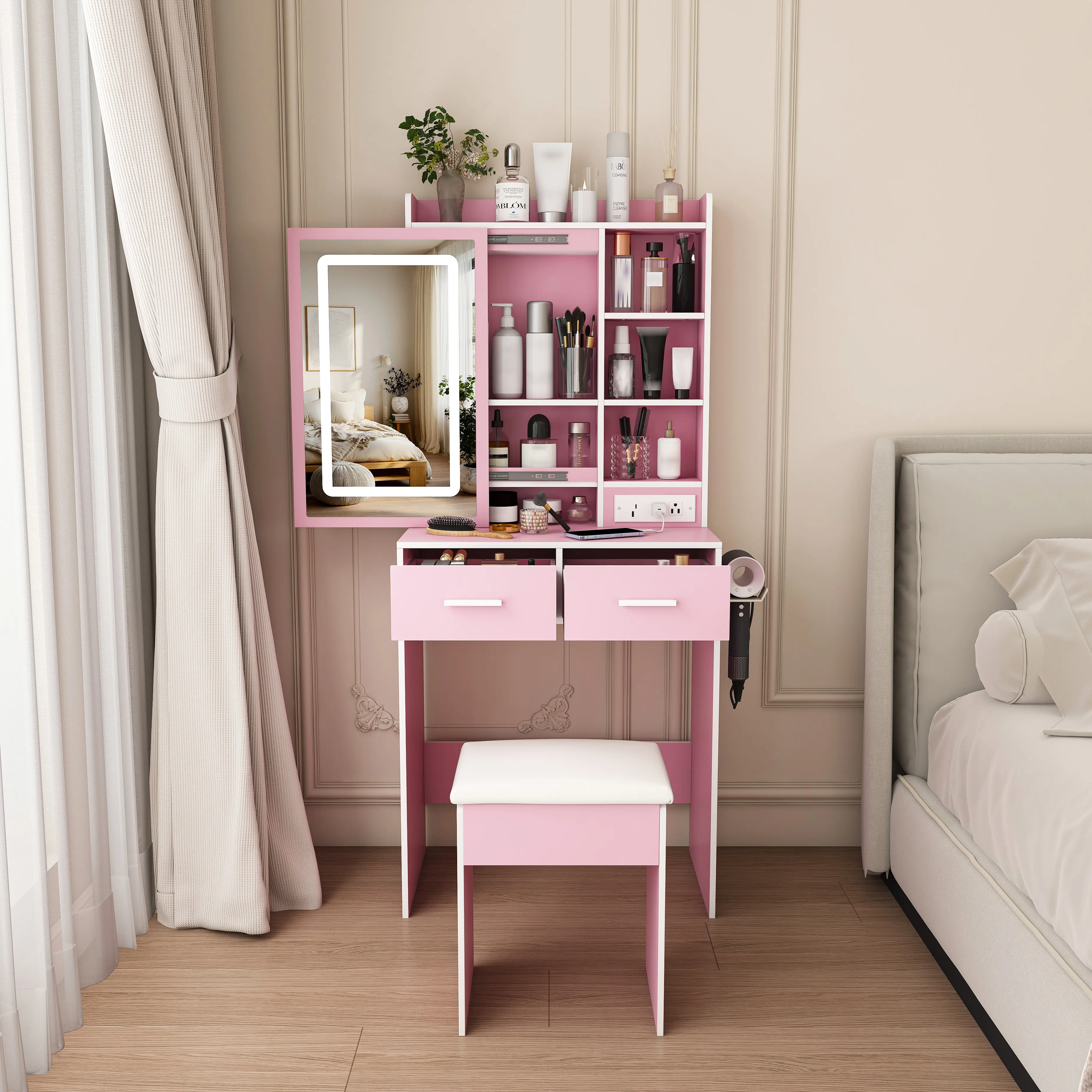 Oakault Teen Vanity Desk with Mirror and Lights, Small Vanity Table with Sliding Mirror, Mini Makeup Vanity with Drawers, Stool, Hairdryer Rack, Chair, Open Shelf for Teens Girls Bedroom (Pink)