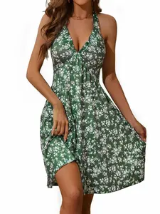 HUHOT Milkmaid Sundress Corset Dress Halter Sun Dress 2024 Summer Vacation Beach Backless V Neck Sun Dresses for Women Casual Floral Green