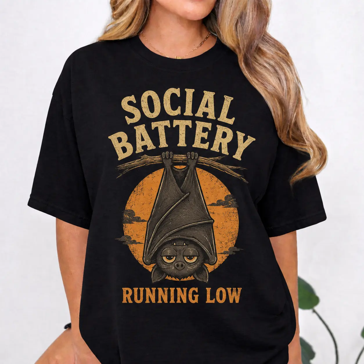 Womens Plus Size Vintage Halloween Bat Graphic Cotton T Shirt Funny Social Battery Running Low Casual Loose Fit Short Sleeve Tee