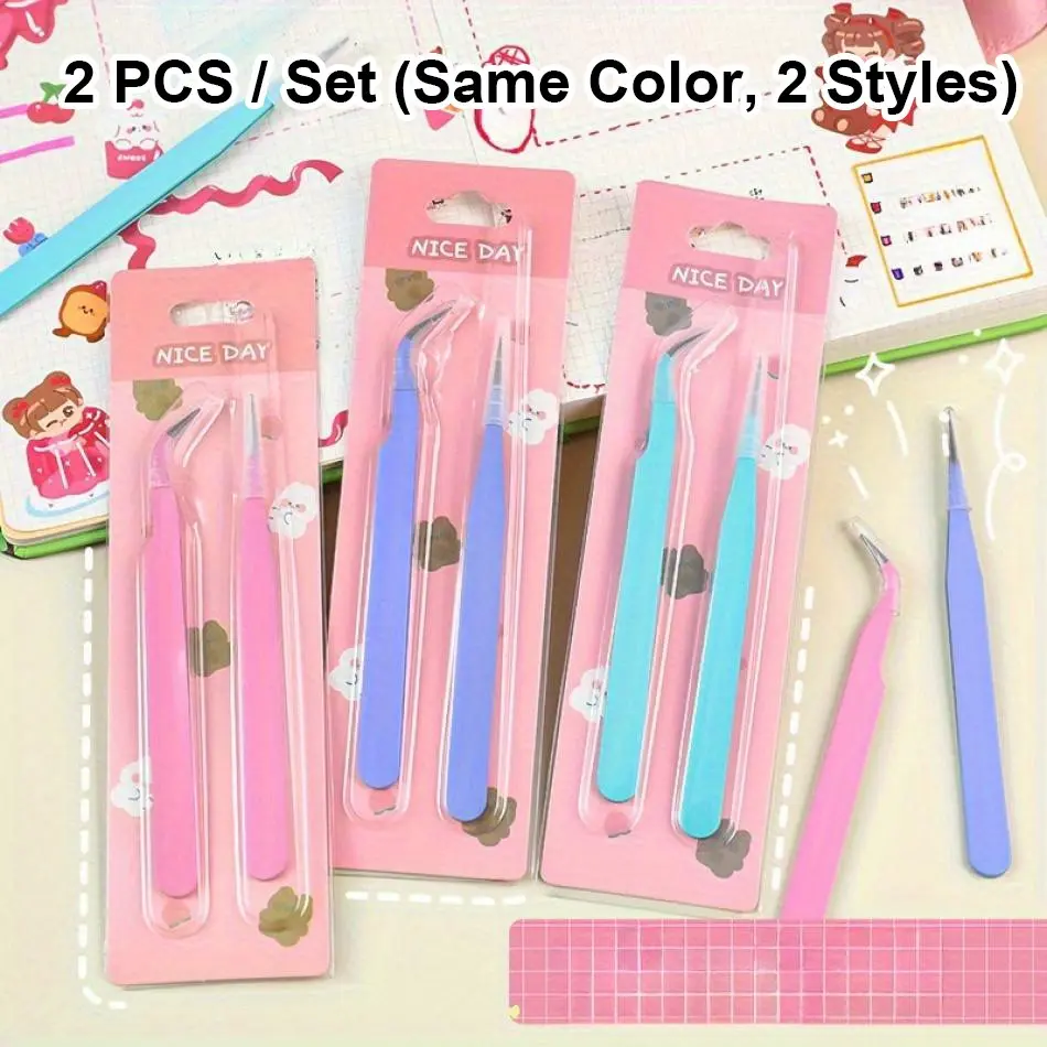 Mini Tweezers Set, 2 Multi-Functional Tools for DIY Collage, Eyebrow Trimming & Eyelash Tweezers, Perfect for Home School Office Use, Eyebrow Styling Kit