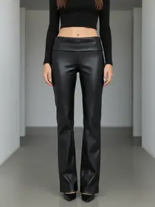 Women's PU Leather Straight Leg Pants, Casual Fitted Bottoms, Folded Waist Design, Slim Fit, Elastic Waist, Plain Pattern, Spring & Fall Fashion