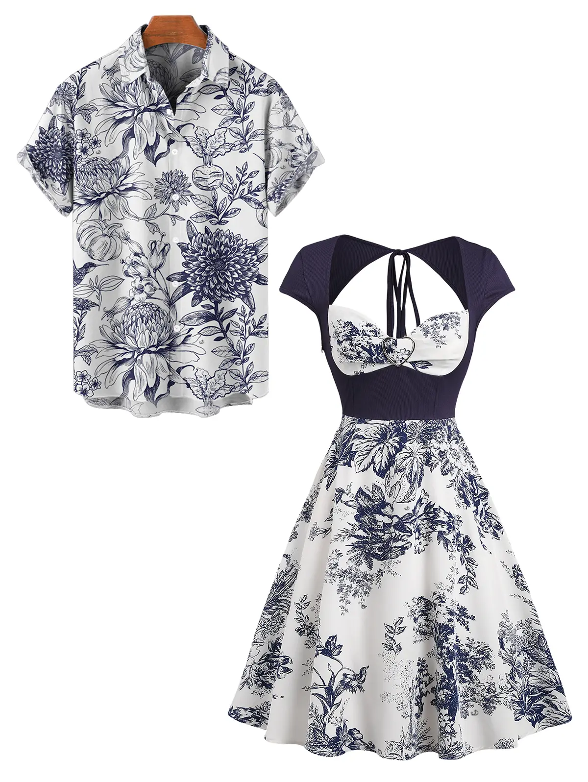 Couples' Floral Bohemian 2-Piece Casual Polyester Set - Women's Short O-Ring Strap High Waist Ombre Tank Dress Top, Men's Short-Sleeve Button-Up Shirt, Matching Cap, Ideal for Hawaii Vacations