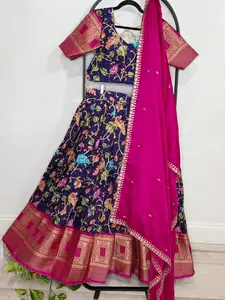 💜 Royal Purple Kalamkari Munga Crepe Silk Lehenga with Magenta Zari Border & Cutwork Embroidered Dupatta