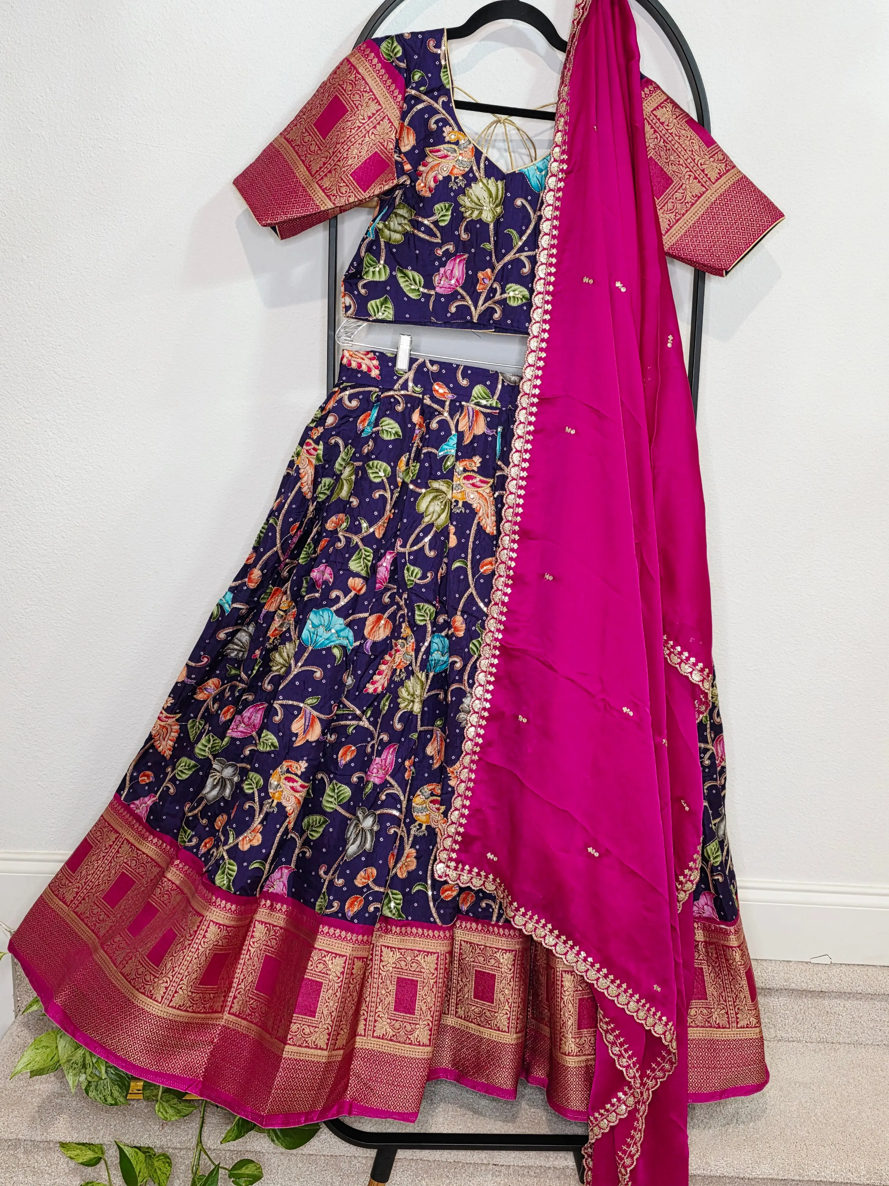 💜 Royal Purple Kalamkari Munga Crepe Silk Lehenga with Magenta Zari Border & Cutwork Embroidered Dupatta