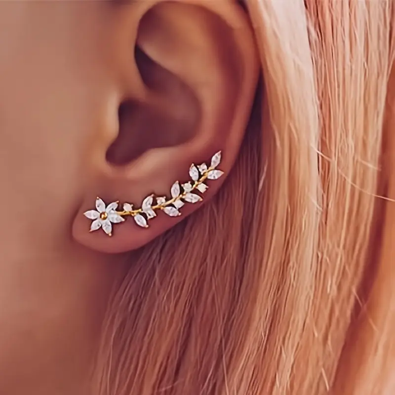 Women's Sparkling Cubic Zirconia Leaf Vine Climber Earrings - Copper Base, Synthetic Coloured Gemstone Inlay, Hypoallergenic Floral Ear Crawler Jewelry, Synthetic/Simulated Coloured Gemstone