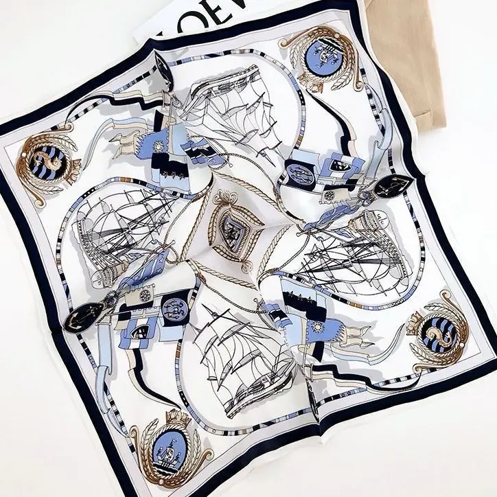 100% Silk French Vintage Nautical Silk Scarf - Minimalist Design, Versatile Neck & Bag Accessory, Square Shape scarves
