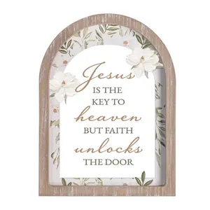 360 Stand Framed Arch Glass Floral Religious Wall Decor, Jesus Is The Key Design, 11x15 White Dimensional Look Heaven Accent