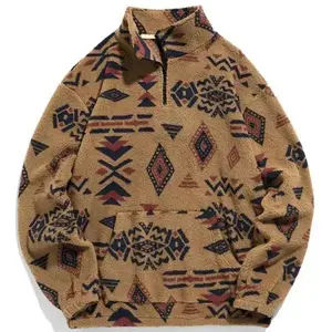 Men's Ethnic Style Fleece Quarter-Zip Hoodie with Geometric Totem - Vintage Eye-Catching Sherpa Fabric, Warm and Comfortable, High Collar Casual Fit, Suitable for Autumn and Winter Retro Trends, Men's Jacket, Ethnic Style Quarter-Zip Men's hoodie ethnic p