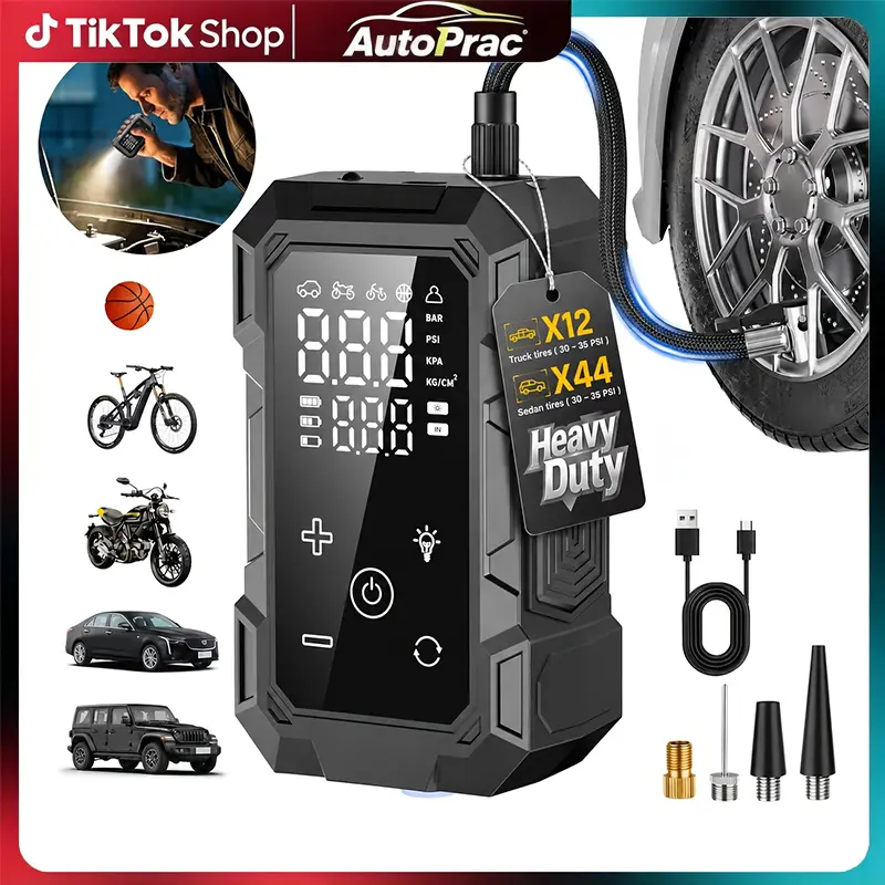 【ToolUpgrade】Portable Tire Inflator - Powerful Motor, 3x Fast Inflation, Wireless 200PSI Air Pump with Digital Pressure Gauge/LED Light, Suitable for Car Tire, Motorcycle, Bicycle, and Ball Inflator (FCC/CE)